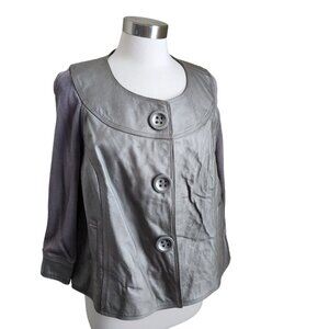Nygard Jacket Pewter Leather Front Trim‎ Collarless Knit Back 3/4 Sleeves Size L